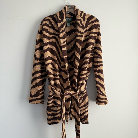 Lauren Ralph Lauren Zebra Print Linen Cotton Belt Cardigan Hand Knit Coatigan M - Picture 10 of 16